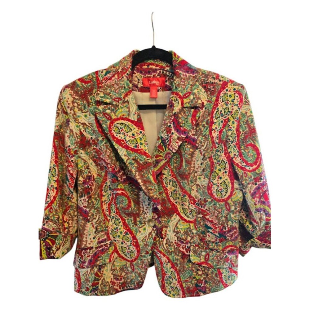 PAISLEY PRINT RED VELVET BLAZER SIZE 16 COTTON 3/4 SLEEVES FLAP POCKETS